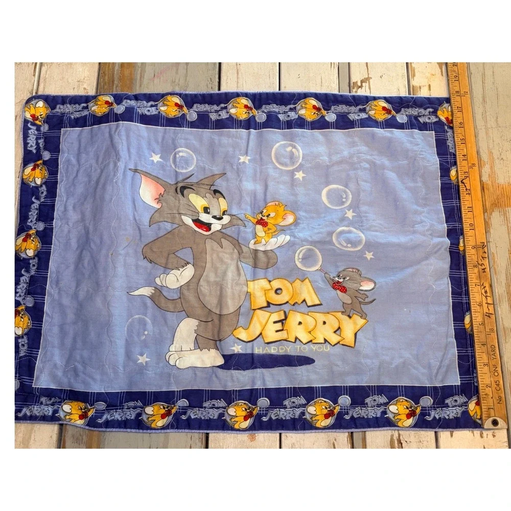 Vintage Tom and Jerry Quilted Pillow Sham Blue Zippered Cartoon Bedding